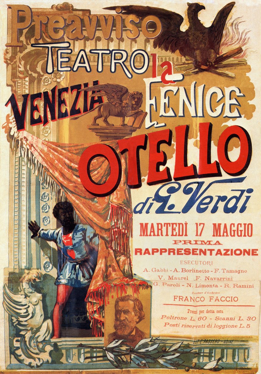 Otello: Verdi'nin Otello operasının Venedik'teki Teatro Fenice'deki ilk performansı için afiş by Italian School