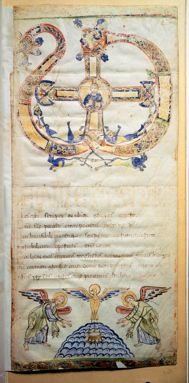 Eveque tarafından yapılacak dua ve törenleri içeren bir Papalık sayfası (Ms.724/1-Carta3) 10. yüzyıldan bir el yazması. Roma, Biblioteca Casanatense by Italian School