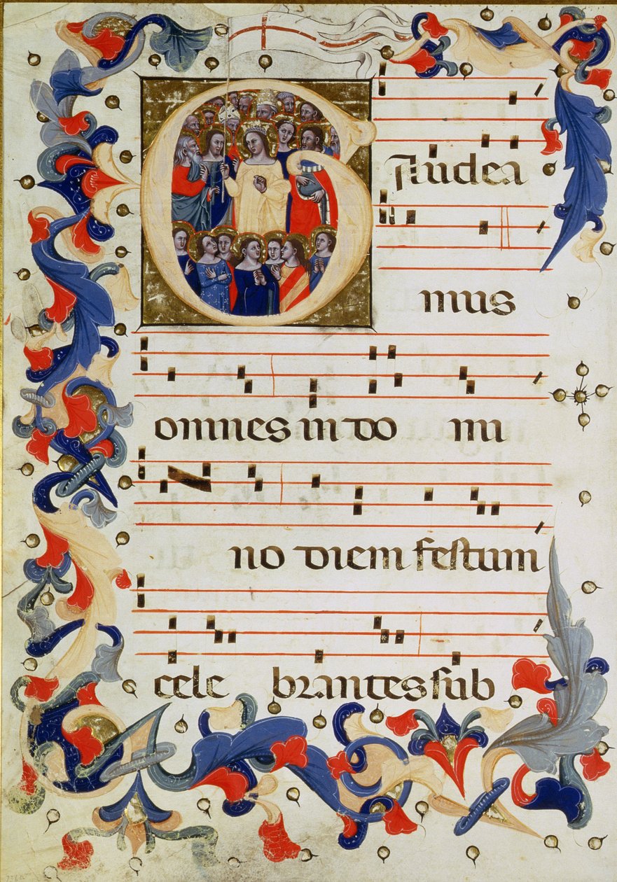 Ortada St. Ursula ile bir grup azizi betimleyen tarihi bir G harfi ile müzik notasyonu sayfası, Bolognese Okulu by Italian School