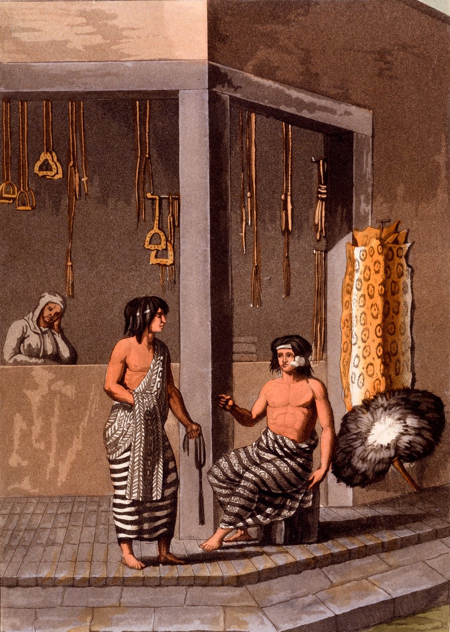 Indiano, Calle de-los-Torres, Buenos Aires, c.1820s-30s adlı bir dükkanda Pampa Kızılderilileri by Italian School