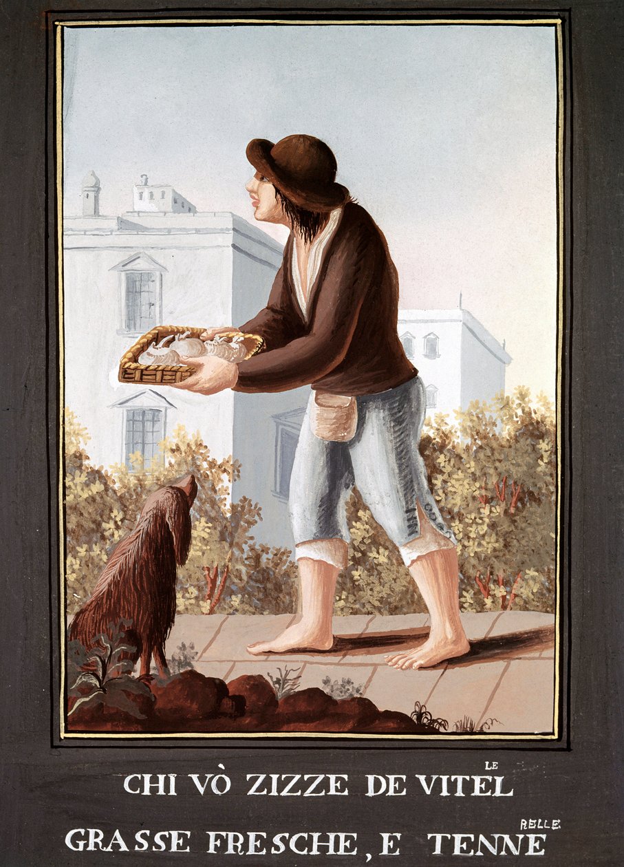 Petites Metiers Napolitenler: le vendant de mamelles de cow - (Eski ticaret: ineklerin memesi satıcısı) 19. yüzyılın suluboyası - Napoli Museo Nazionale di San Martino by Italian School