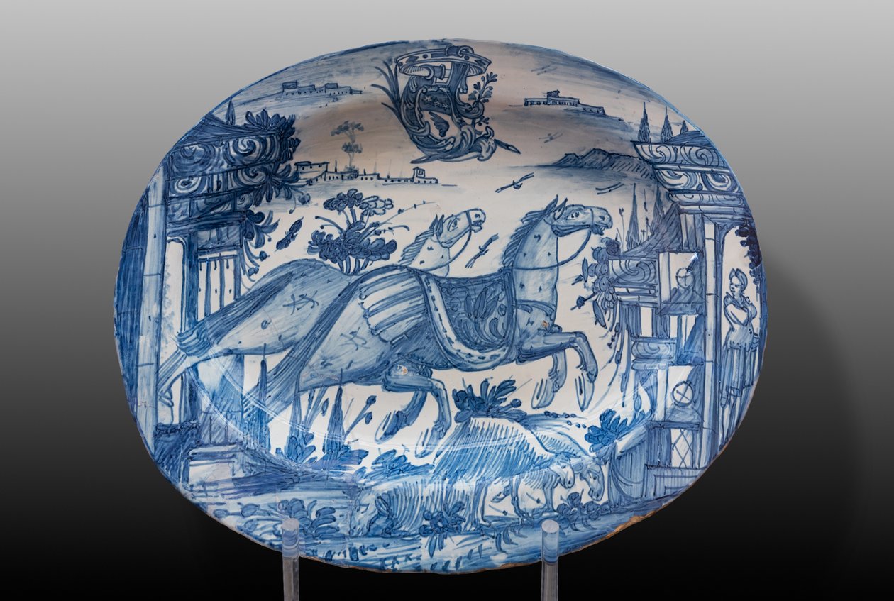 Yarış atları ve arması ile süslenmiş plaka, 18. yüzyılın ilk yarısı (majolica) by Italian School