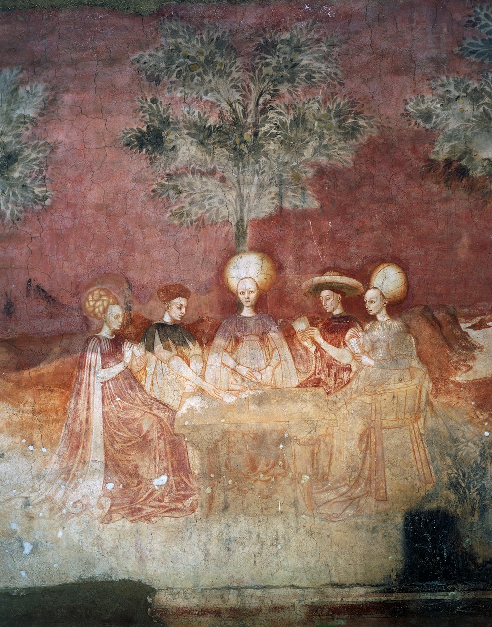 Tarot kartlarıyla oynamak, Oyunlar döngüsünden bir sahne, yaklaşık 1445-1450, fresk, Palazzo Borromeo, Milano, Lombardiya, İtalya by Italian School