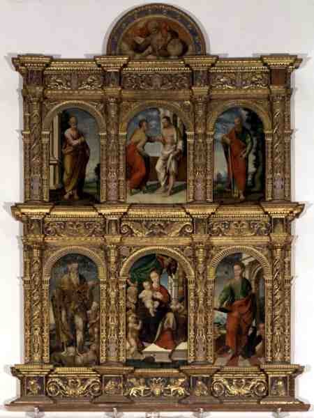 Madonna ve Çocuğu azizlerle gösteren poliptik (panelde yağlı boya) by Italian School