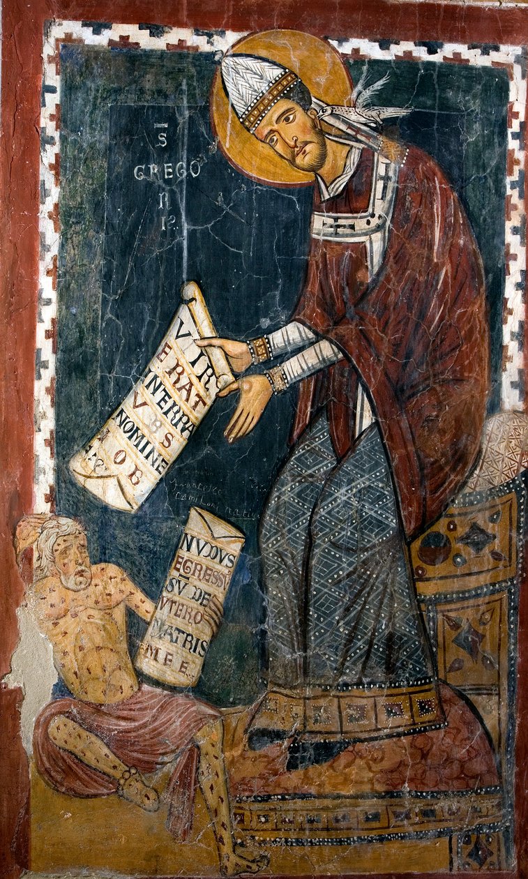Papa I. Büyük Gregoire (540-604) ve Job Saint Gregoire elinde Latince “” Vir erat in terra Hus nomine Job”” (Hus ülkesinden Job adında bir adam vardı) yazılı bir kağıt tutuyor. ve İş “” Nudus egressus sum de utero matris meae”” (Nu I by Italian School