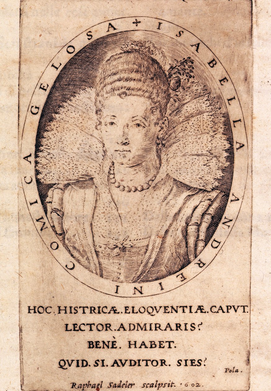 İtalyan aktris Andreina Isabella Canali'nin (1562-1604) portresi, mektuplarının başlık sayfası by Italian School