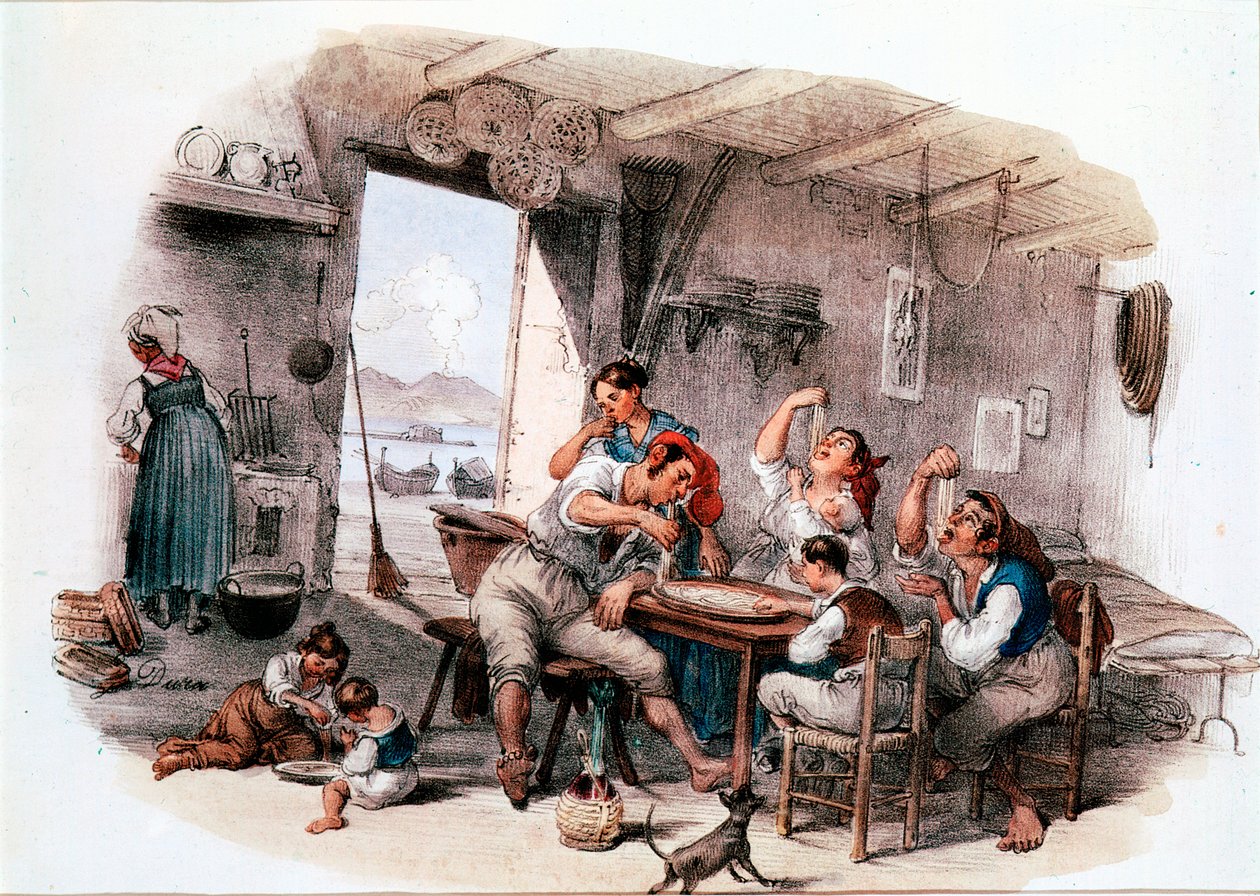 Muhtemelen Napoliten ailesi elleriyle makarna yiyor. 19. yüzyılın isimsiz gravürü. Roma Ulusal Makarna Müzesi, Agnesi Vakfı by Italian School