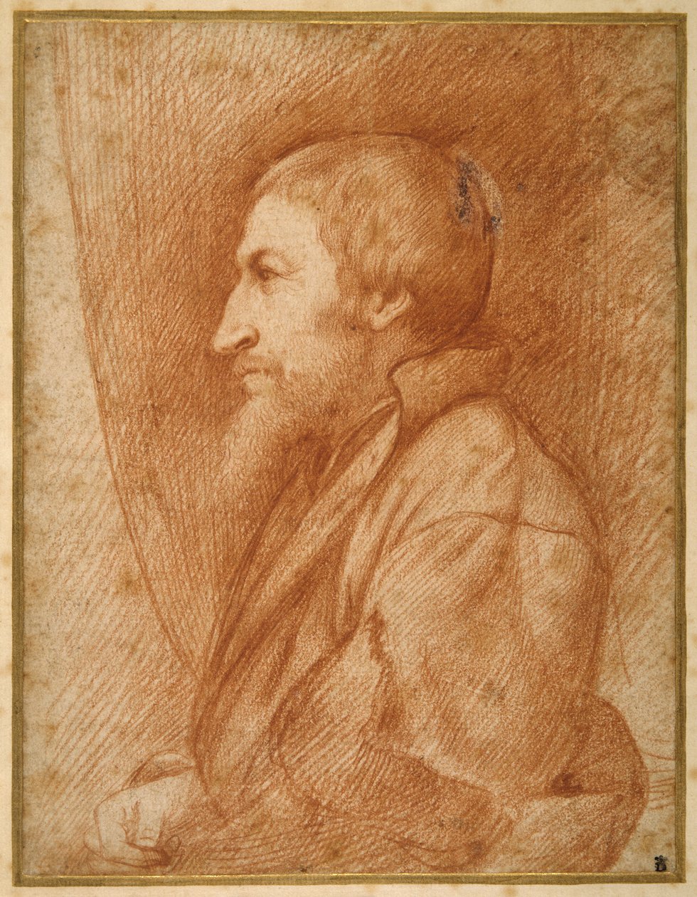 Sakallı bir adamın profil portresi (kendi portresi?) (kağıt üzerinde kırmızı tebeşir) by Italian School