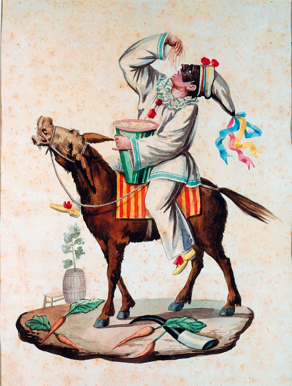 Pulcinella (Polichinelle) karakteri, commedia dell'arte, eşek üzerinde maccheroni yiyor 19. yüzyılın anonim suluboyası. Roma Ulusal Makarna Müzesi, Agnesi Vakfı by Italian School
