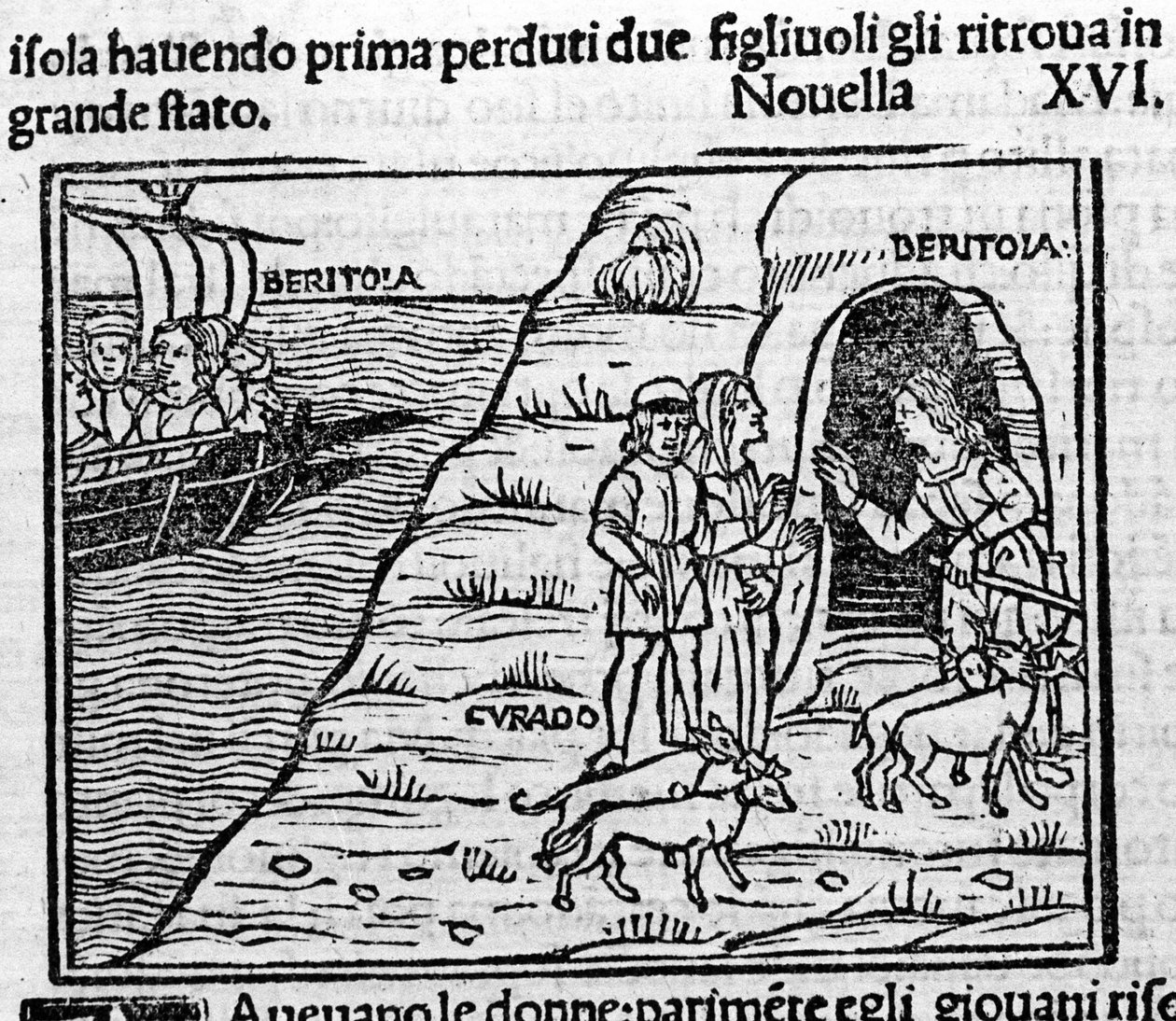 Reet de Beritola. Giovanni Boccaccio dit Jean Boccaccio (1313-1375), İtalyan yazar “Decameron”un 16. haberi (ikinci günün yeni 6) için illüstrasyonu. Gravür “” Decamerone ouer Cento nouelle”” Venedik, Bartolomeo de 