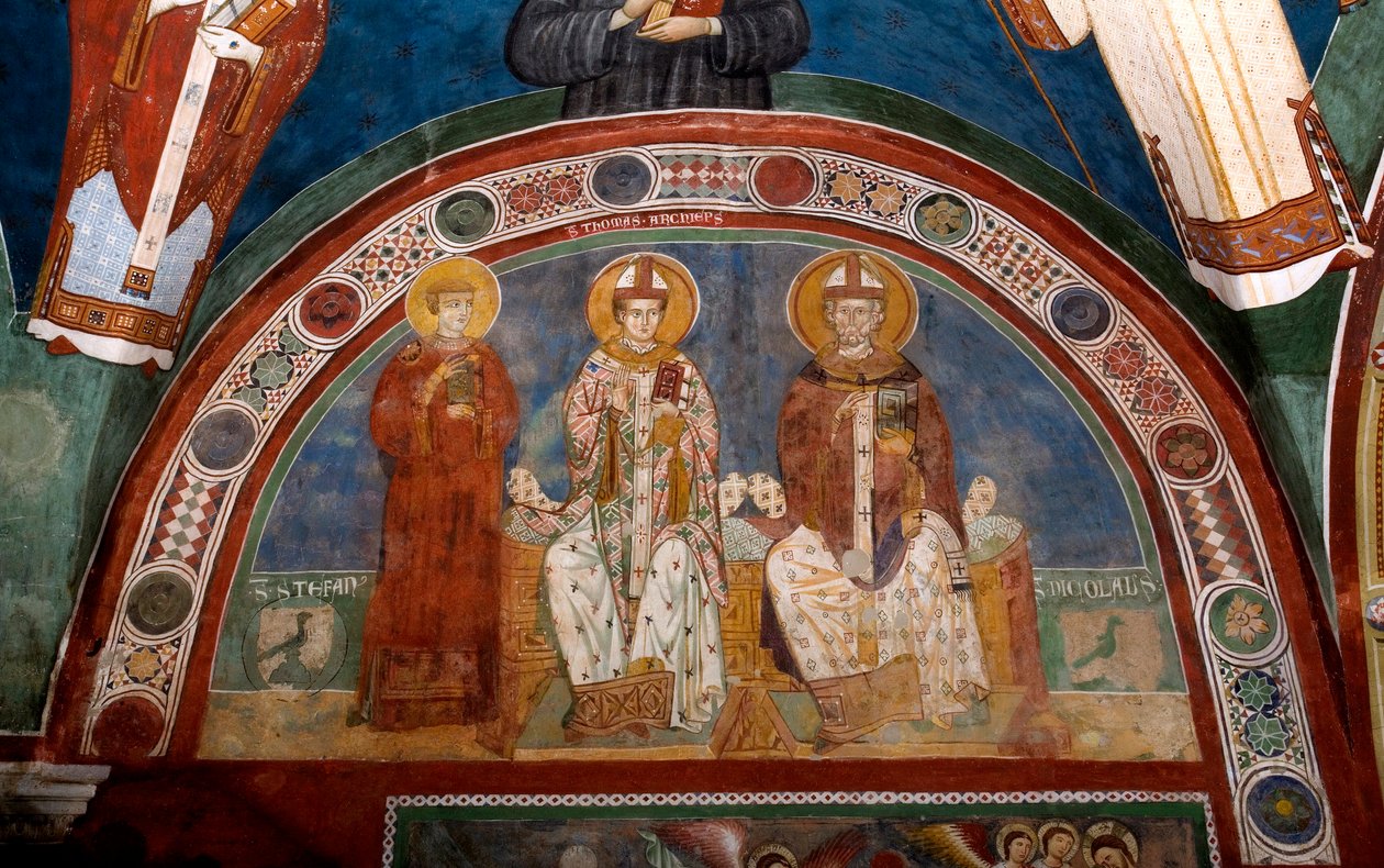 Aziz Stephen, Hristiyan şehit, Aziz Thomas Becket (1118-1170), Canterbury Başpiskoposu ve Myra veya Bari Aziz Nikolaos (270-345) Anonim fresk (13. yüzyıl) Aşağı kilise. Aziz Benedetto Manastırı (Sacro Speco), Subiaco (Rom by Italian School