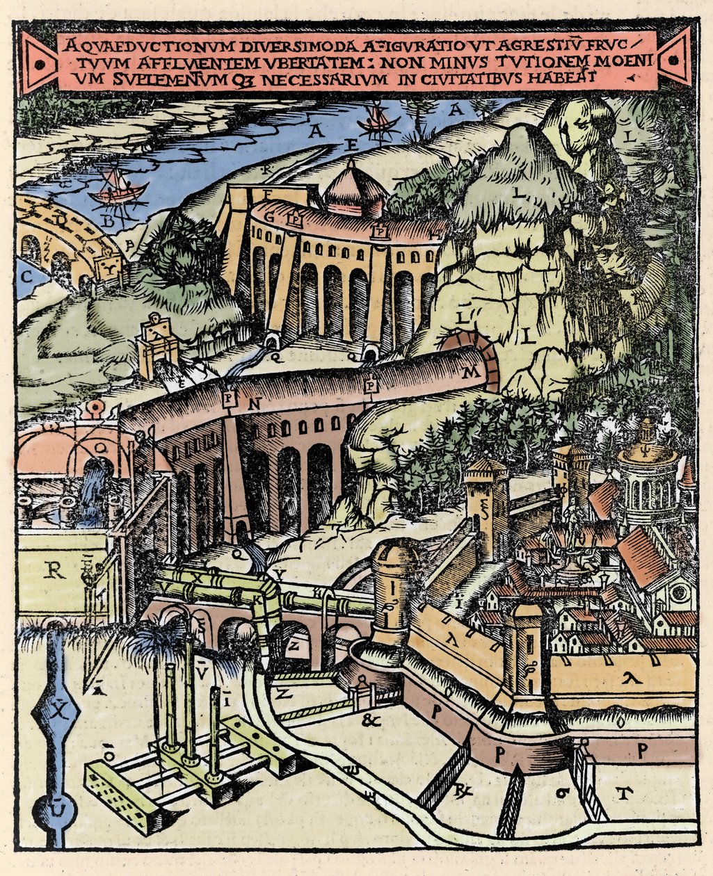 Bir su kemerinin temsili. Vitruva (MÖ 1. yy) tarafından “” De Architectura”dan renkli gravür - Gottardo da Ponte baskısı, Come by Italian School