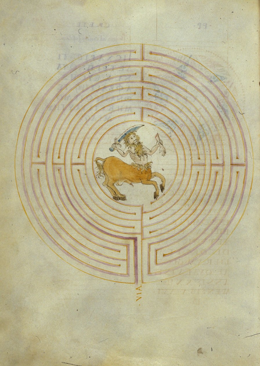 Minotaur'un labirentin ortasındaki temsili (kalem ve mürekkep ve kağıt üzerine sulu boya) by Italian School