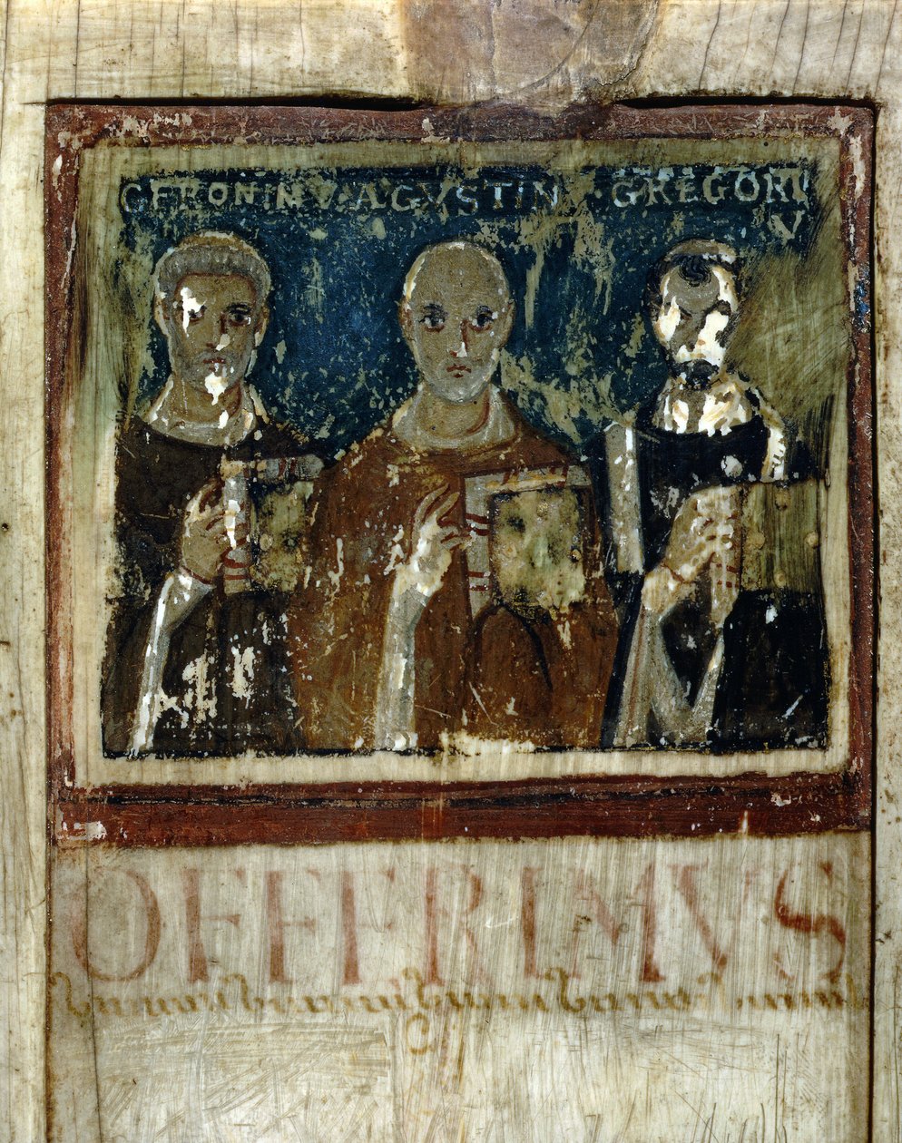 Aziz Jerome, Aziz Augustine (354-430) ve Aziz Büyük I. Gregoire (540-604), Boece Diptikinden Ayrıntı, c.487 (fildişi üzerine minyatür) by Italian School