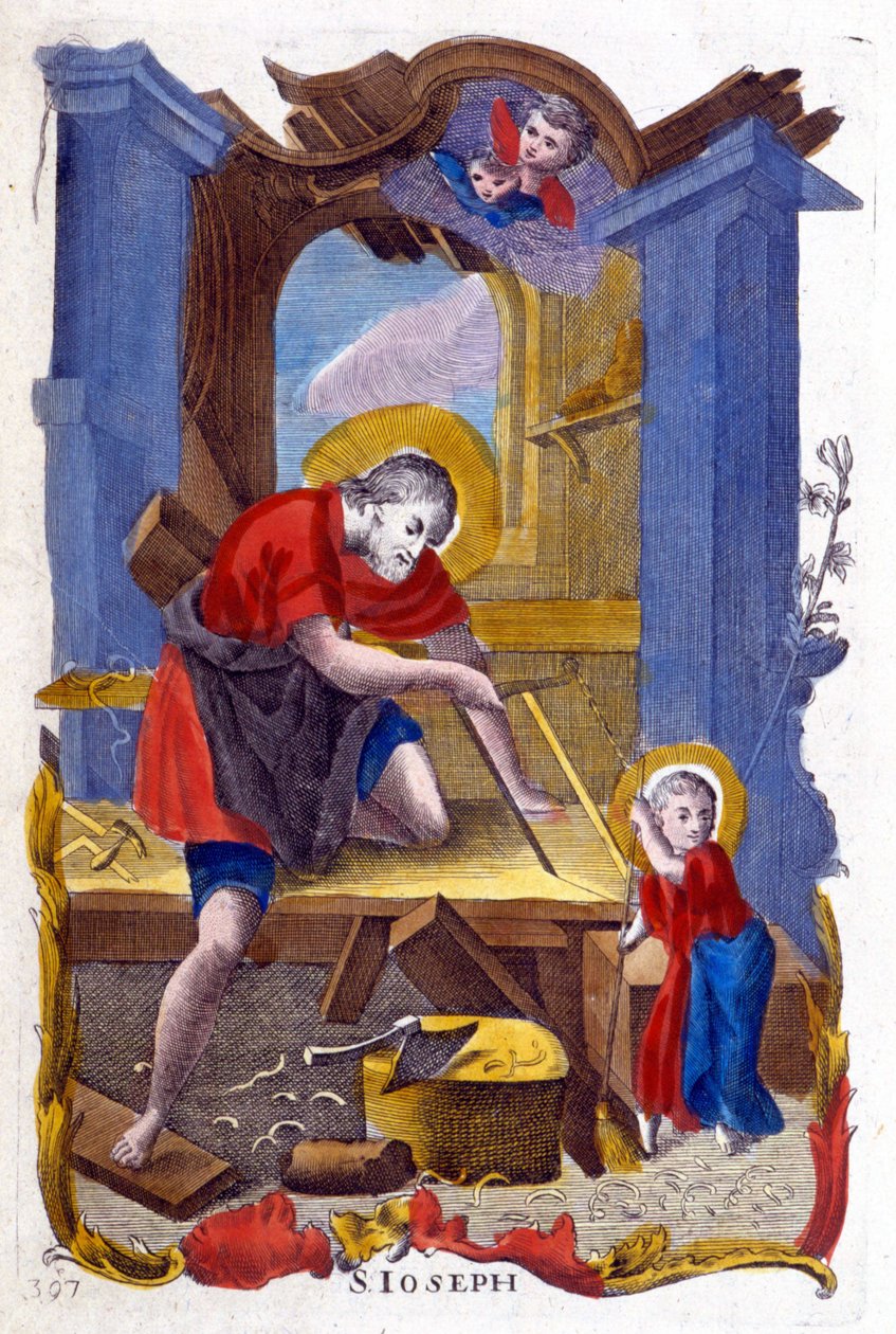 Bir marangoz olarak Aziz Joseph ve İsa, İtalyan görüntüsü by Italian School