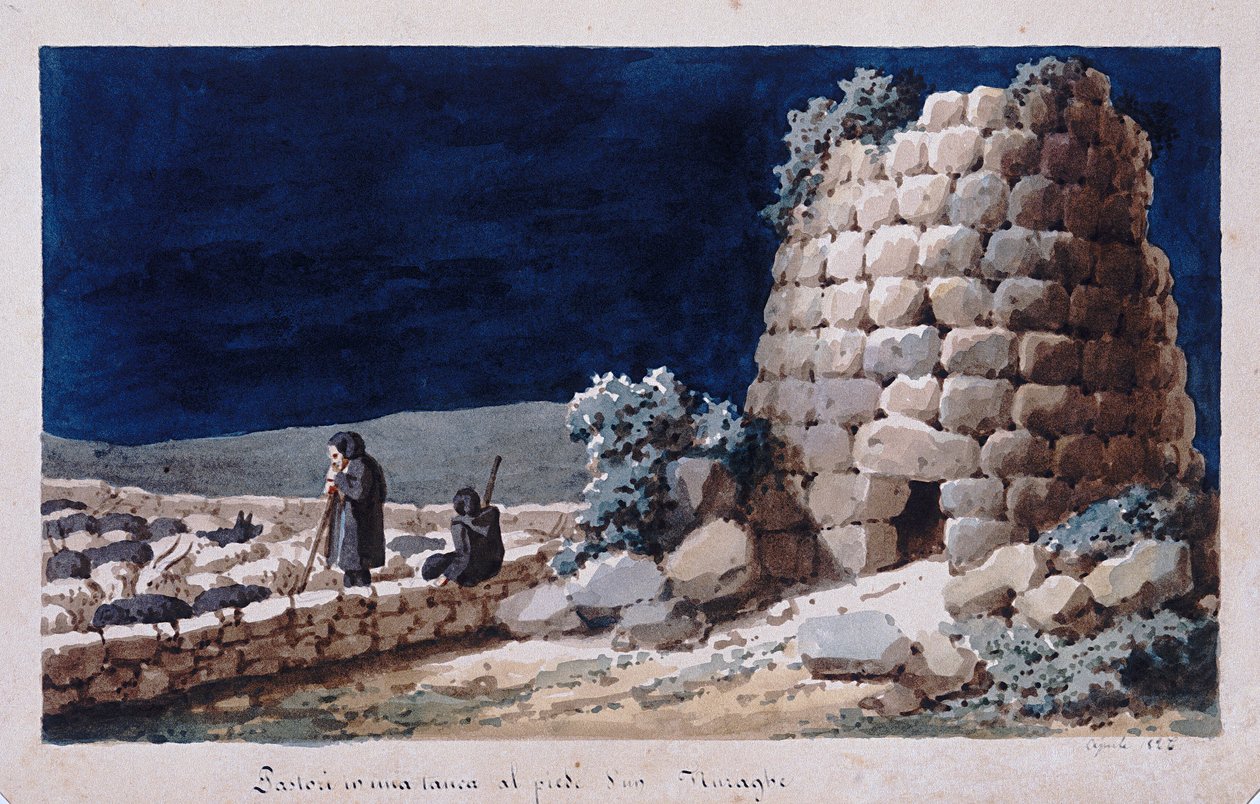 Bir nuraghe yakınındaki Sardunyalı çobanlar, ms yazdır. 257, Cominotti Koleksiyonu, c.1825 by Italian School