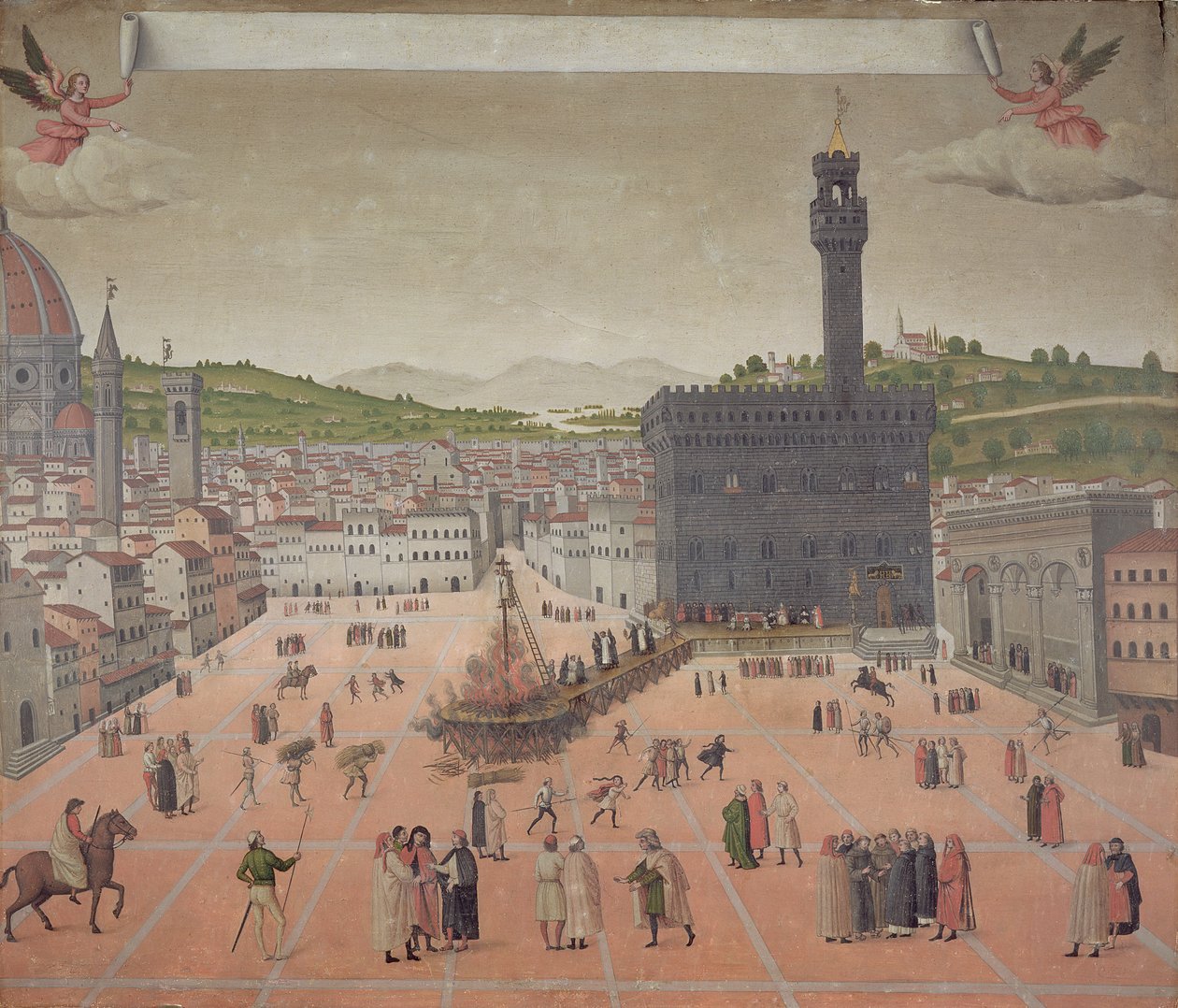 Savonarola Tehlikede Yakılmak, Piazza della Signoria, Floransa (panelde yağ) by Italian School