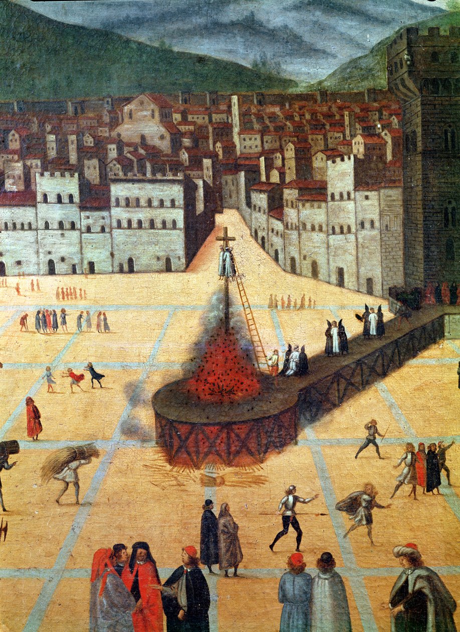 Savonarola Tehlikede Yanıyor, Piazza della Signoria, Floransa, yangın detayı (panelde yağ) by Italian School
