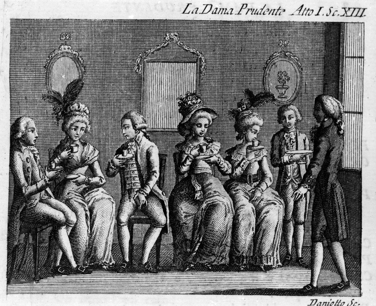 Carlo Goldoni'nin (1707-1793) "La dama prudente" (İhtiyatlı eş) (1751) adlı çizgi romanının I. Perdesinin 13. Sahnesi. 18. yüzyılın gravürü by Italian School