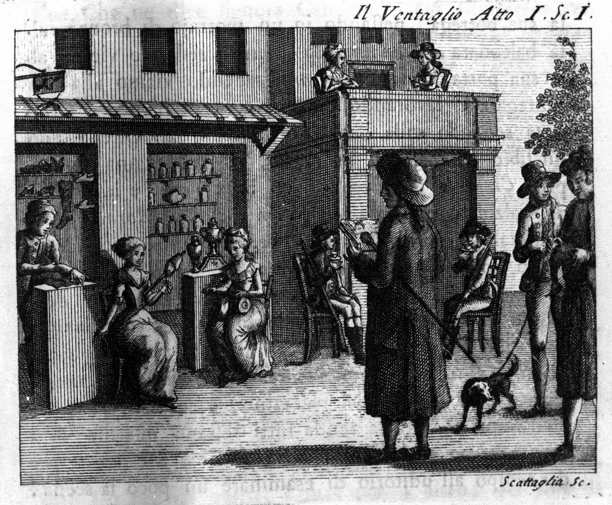 Carlo Goldoni'nin (1707-1793) “Il ventaglio” (Eventel) (1764) adlı çizgi romanının I. Perdesinin 1. Sahnesi. 18. yüzyılın gravürü by Italian School