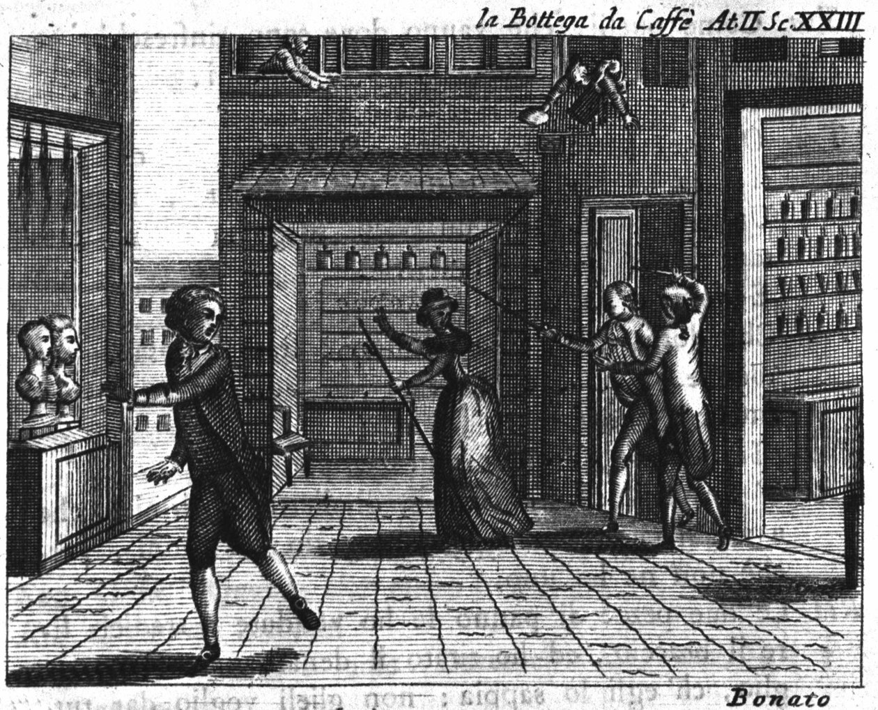 Carlo Goldoni (1707-1793) tarafından yazılan “La bottega del caffe” (Kafe) (1750) adlı çizgi romanın II. Perde 23. sahnesi: oyun masaları. 18. yüzyılın gravürü by Italian School