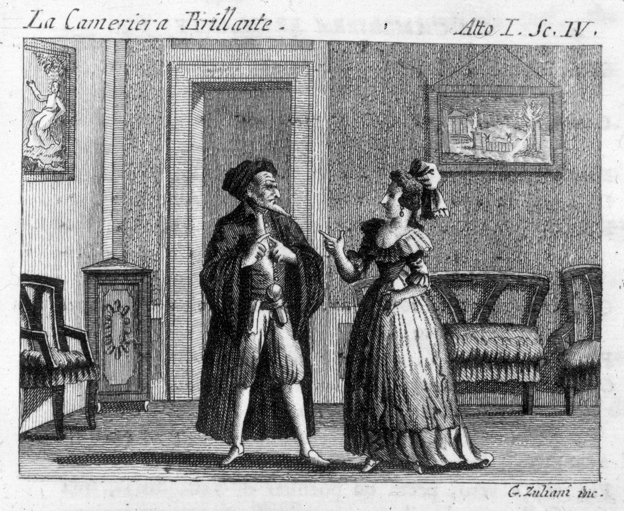 Carlo Goldoni (1707-1793) tarafından yazılan “” La cameriera brillante” (Parlak hizmetçi) (1754) adlı çizgi romanın I. Perdesinin 4. Sahnesi: oyun masaları. 18. yüzyılın gravürü by Italian School