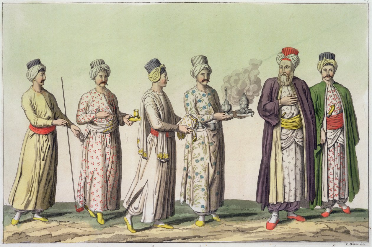 Bir pipo, bir vazo şekerleme, kahve, bir mangal ve bir gülsuyu sürahisi taşıyan hizmetçiler, V. Raineri (aquatint) tarafından oyulmuş 