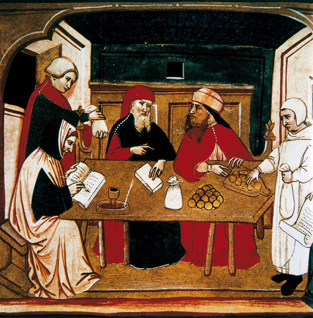 Bir işlem için imza, bir noter eylemi kaydeder ve bir bankacı paraları sayar. by Italian School
