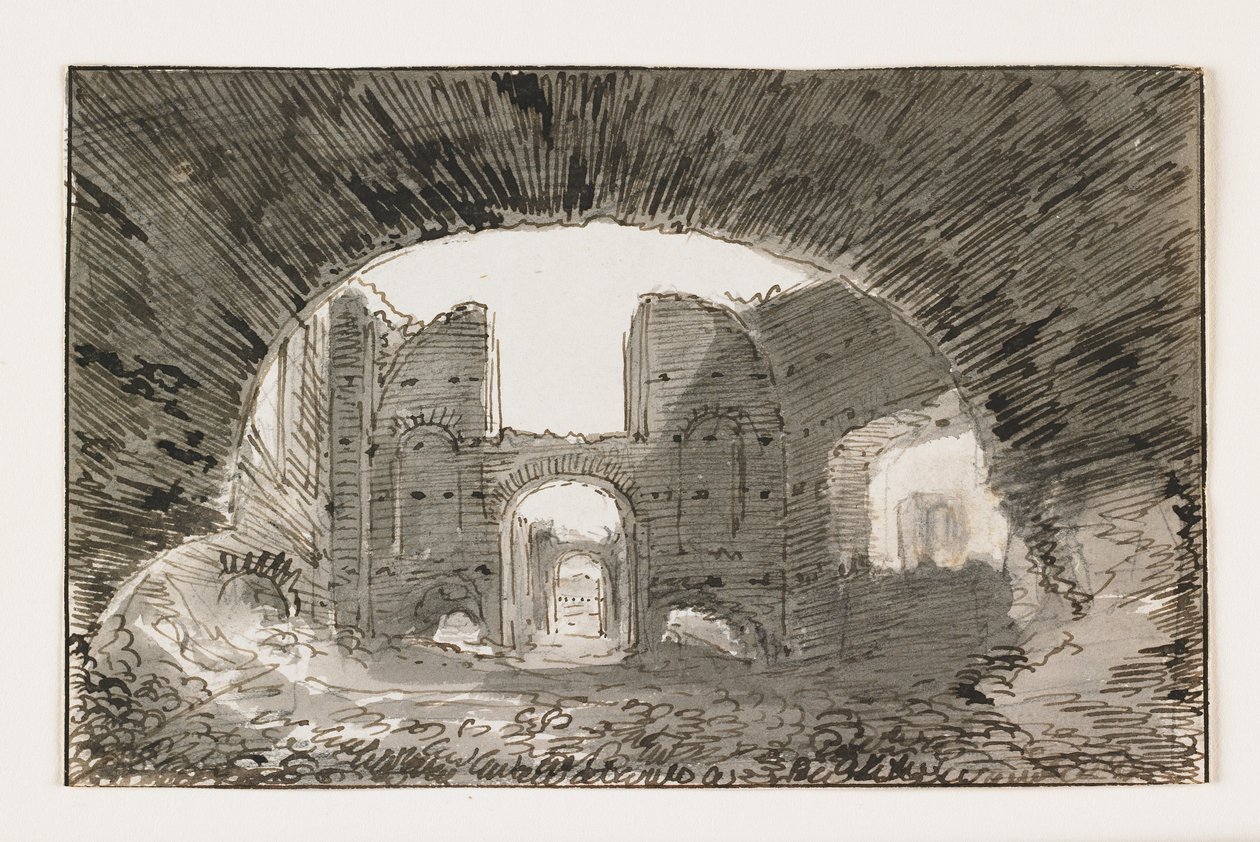 Caracalla Hamamları taslağı, 19. yüzyılın başlarında (siyah tebeşir üzerine gri astarlı kalem ve kahverengi mürekkep) by Italian School