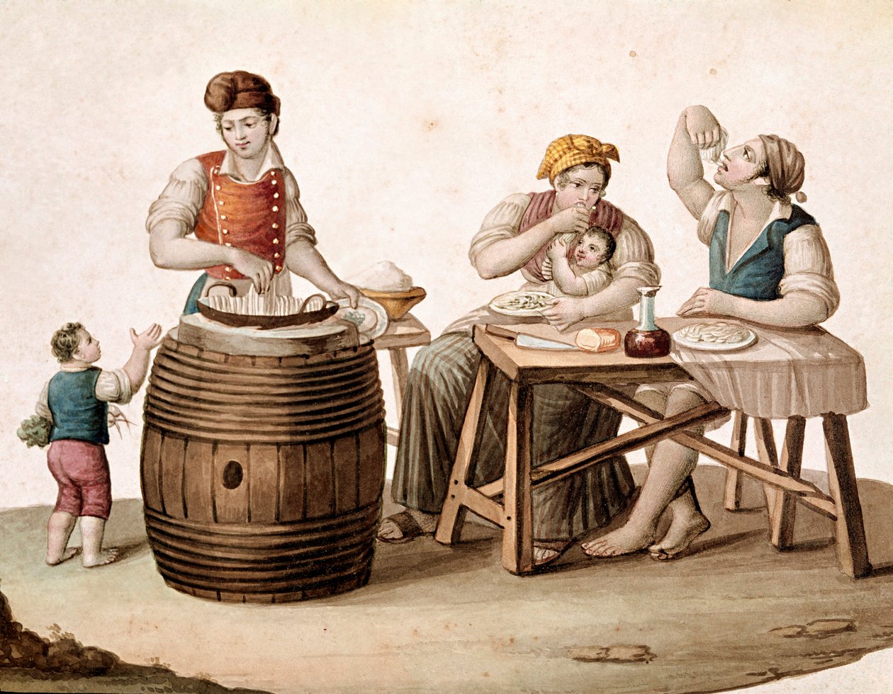 Küçük Napoliten metier: bir makarna satıcısı, yanında masada elleriyle yemek yiyen bir aile - (Eski ticaret: makarna satıcısı ve İtalyan makarnası yiyen müşteriler) 19. yüzyıl Museo Nazionale di San Martino Napoli
