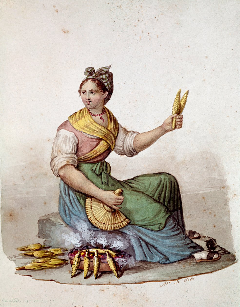 Küçük Napoliten metier: mısır ızgaralarının pazarlamacısı - (Eski ticaret: ızgara mısır satıcısı) Suluboya 19. yüzyıl Museo Nazionale di San Martino Napoli by Italian School