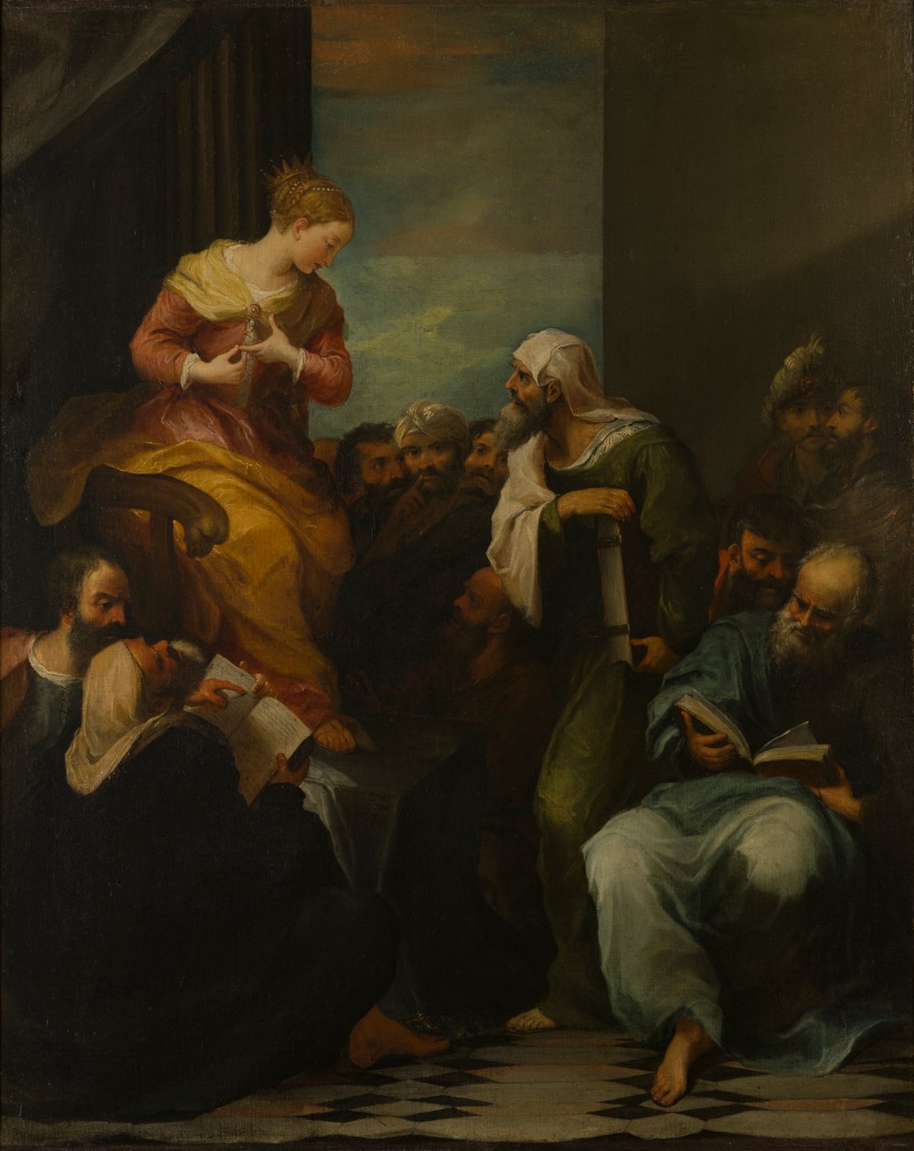 St Catherine Yargıçlarla tartışıyor, c.1650-1710 (tuval üzerine yağlı boya) by Italian School