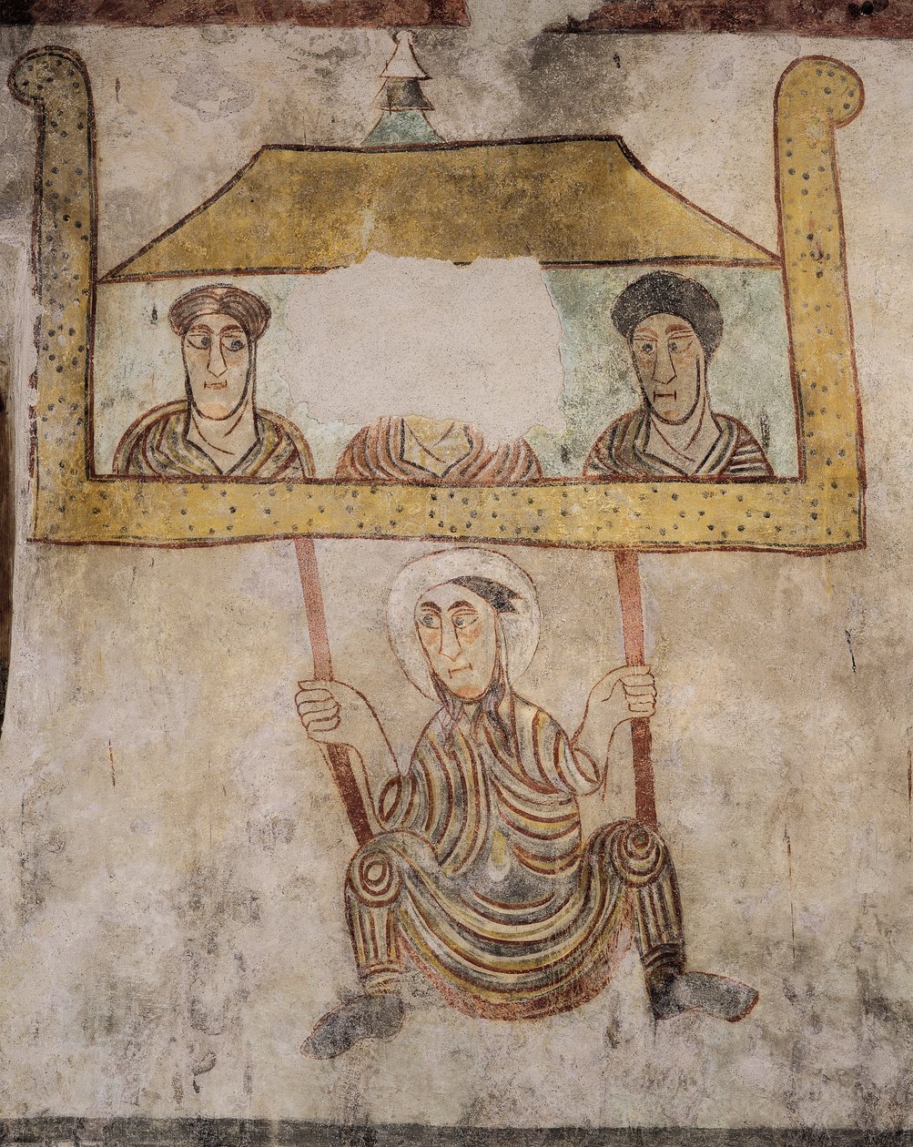 İpte sallanan St. Proculus, fresklerden detay (8. yüzyıl), St. Proculus Kilisesi, Naturno, Val Venosta, Trentino-Alto Adige, İtalya by Italian School