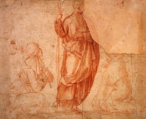 İki Dileyen ile Ayakta Aziz (kağıt üzerinde kırmızı tebeşir) by Italian School