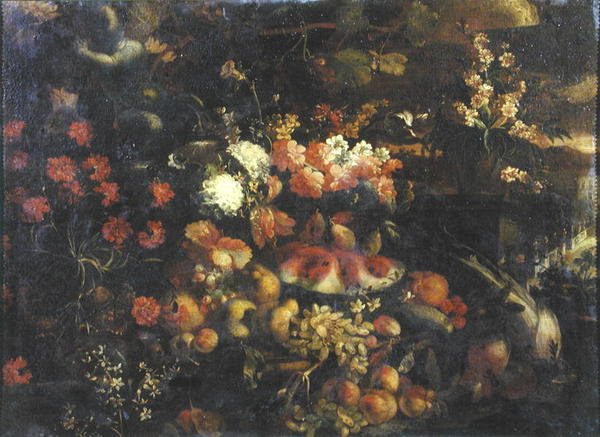 Meyveli ve Puttili Natürmort (panelde yağlı boya) by Italian School