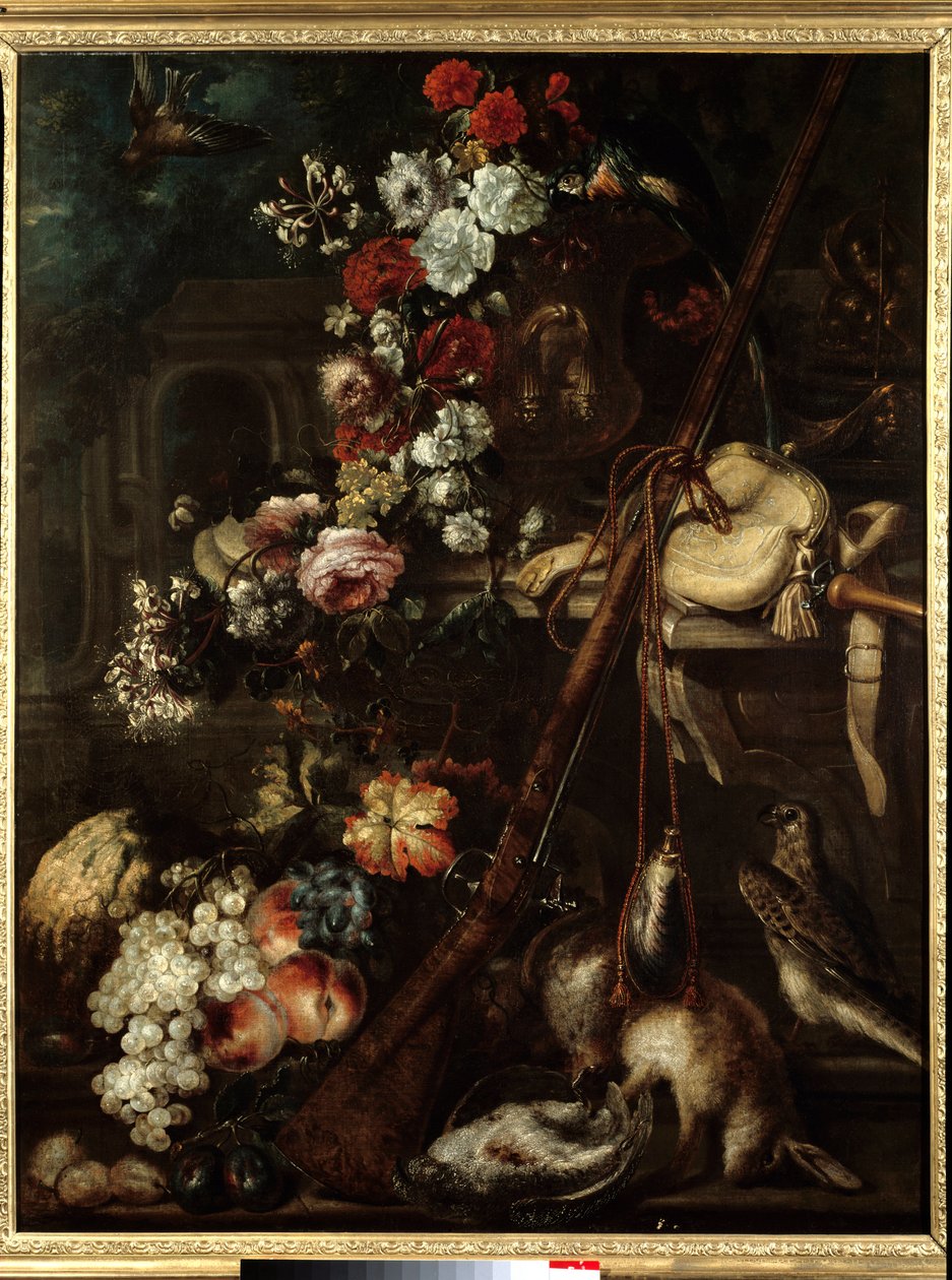Çiçeklerden, avdan ve tüfekten natürmort 17. yüzyıl İtalyan Okulu resmi - Güneş 1,18x0,91 m Bayonne, Musee Bonnat by Italian School