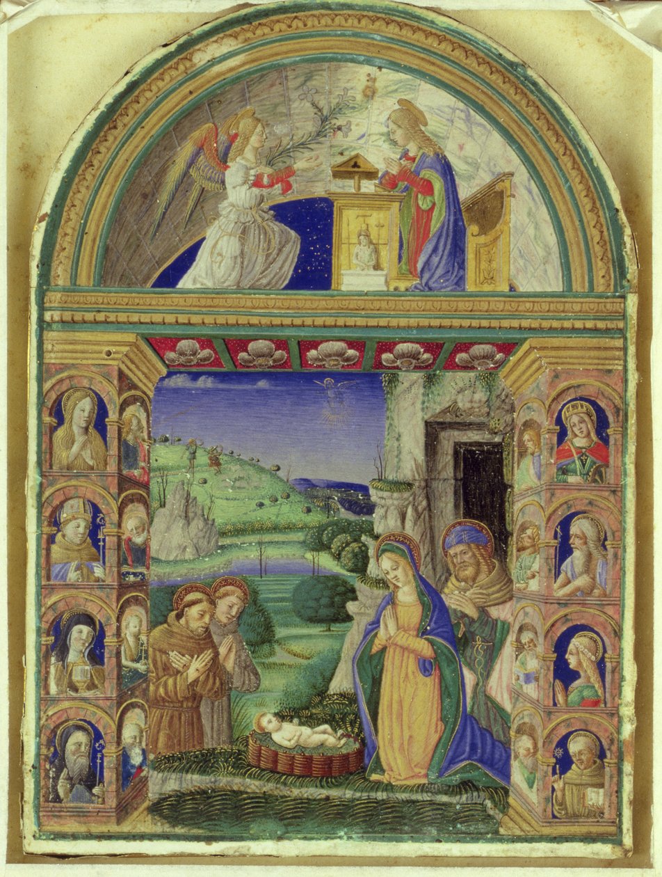 Müjde, Bakire Meryem, Aziz Joseph, Padua Aziz Anthony ve Aziz Francis (parşömen) tarafından Çocuğa Tapınma by Italian School