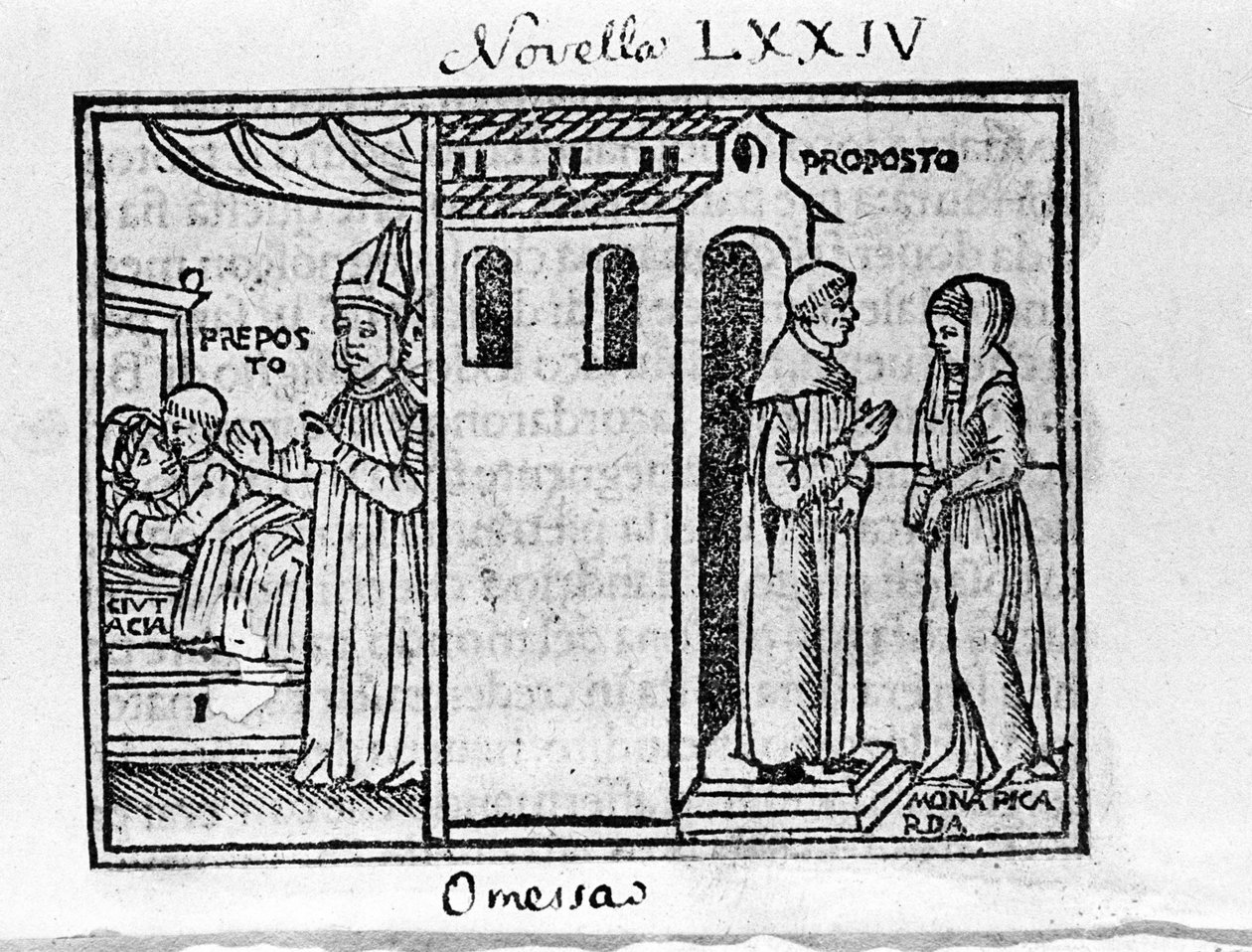 Floransa Başrahibi, sevdiği kadınla tanıştığında eveque tarafından şaşırdı. İtalyan yazar Giovanni Boccaccio dit Jean Boccaccio (1313-1375) tarafından “Decameron”un 74. haberi (sekizinci günün Yeni 4) için illüstrasyonu. Gravür “” Decamerone o by Italian School