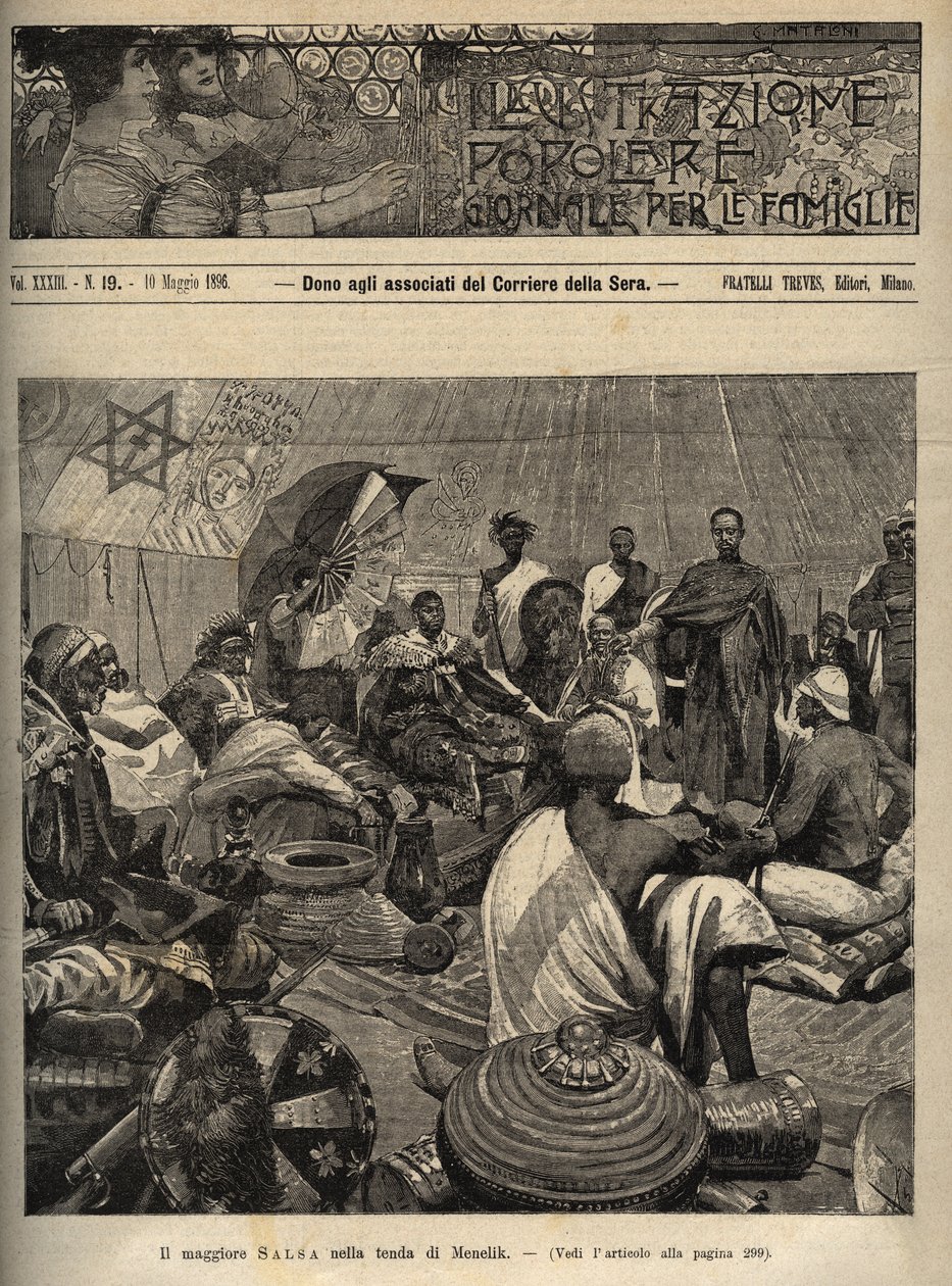 Birinci İtalya-Etiyopya Savaşı (1895-1896). Binbaşı Tommaso Salsa ve Kaptan Annibale Anghera, Etiyopya İmparatoru II. Menelik (1844-1913) önünde - “” popüler illüstrasyondan gravür - aileler için gazete - 1896 - ile barış görüşmeleri by Italian School