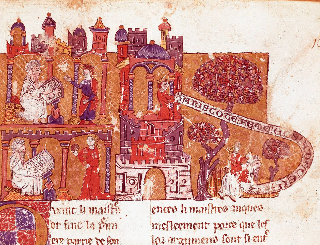 Yunan filozof Aristoteles (MÖ 383-322) öğrencilerine 14. yüzyıla ait bir İtalyan el yazmasından kadınlara ahlak ve hor görme (mysoginia) Minyatür öğretir. Bibliotheque Inguimbertine Municipal de Carpentras. by Italian School