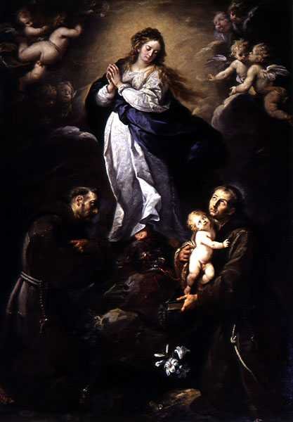 Immaculate Conception, SS Francis ve Anthony tarafından kuşatıldı (tuval üzerine yağlı boya) by Italian School