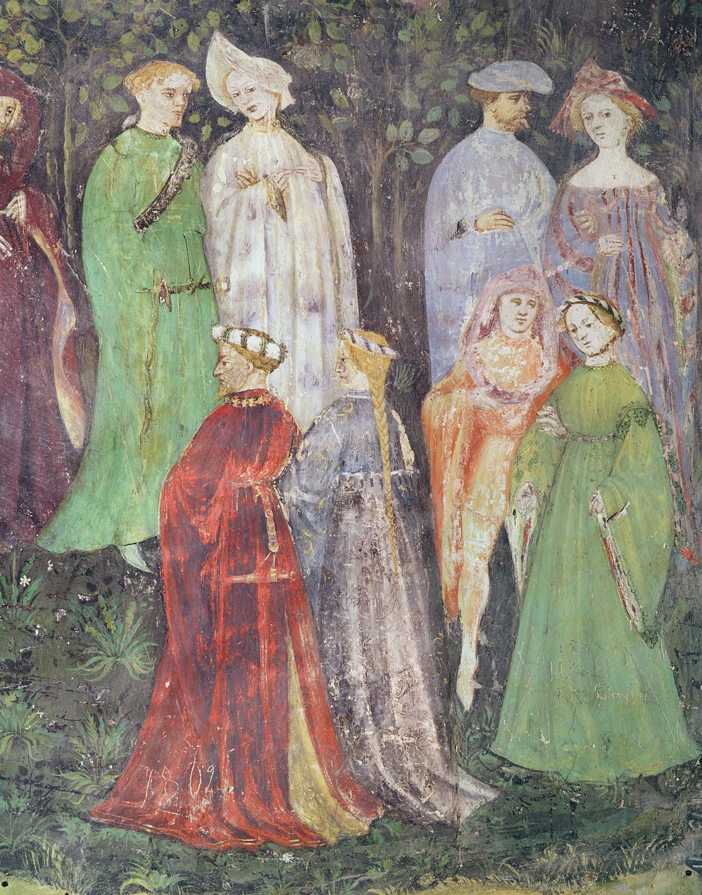 Haziran Ayı, yürüyen asilzadelerin ve kadınların detayı, yaklaşık 1400 (fresk) by Italian School