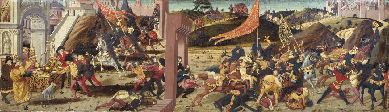 Marcus Furius Camillus tarafından mağlup edilen Galyalıları tasvir eden Morelli Cassone (ana panel) by Italian School