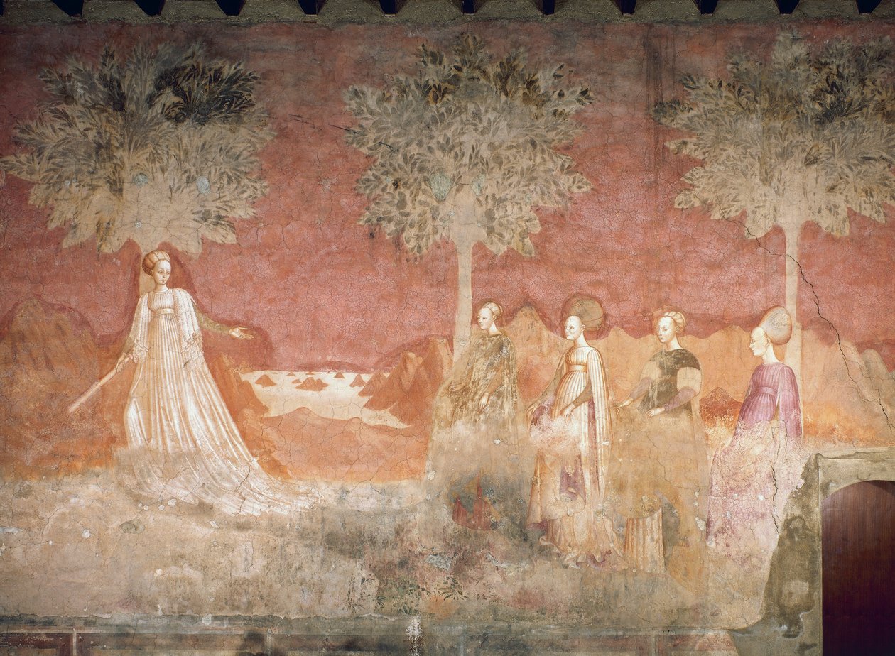 Top oyunu, Oyunlar döngüsünden sahne, yaklaşık 1445-1450, fresk, Palazzo Borromeo, Milano, Lombardiya, İtalya by Italian School