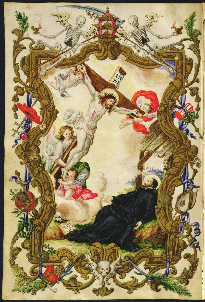 Dindarların ölümü, Buona Morte'nin laik loncasının bir Mariegola'sından, c.1712-14 (parşömen üzerine mürekkep) by Italian School
