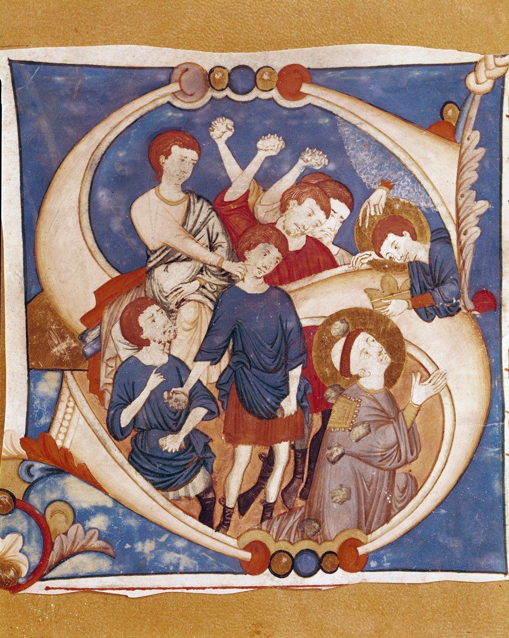 Aziz Stephen şehidi (Stephane, Stefano) 1. yüzyılda ilk Hıristiyan şehidinin taşlanması. Umbria okulundan bir el yazmasının ışıklı künyesi. 14. yüzyıl. Citta di Castello, Biblioteca Civica by Italian School
