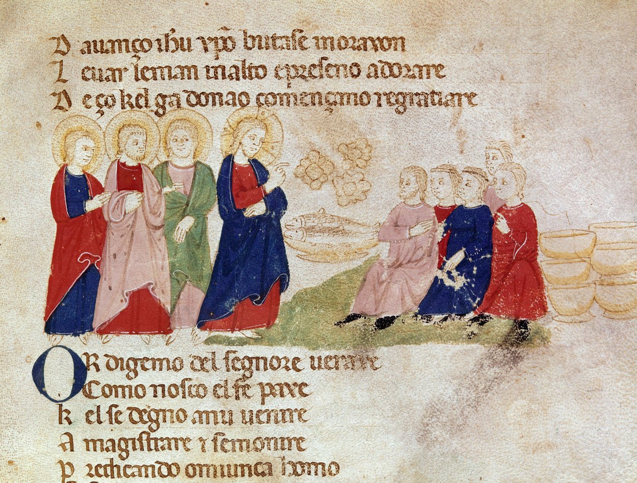 Ekmek ve balıkların çoğaltılması Pietro da Barsegape (13. yüzyıl) tarafından “” Del novo e del vedre testamento”dan alınan Minyatür 14. yüzyıl Milano, Biblioteca Braidense by Italian School