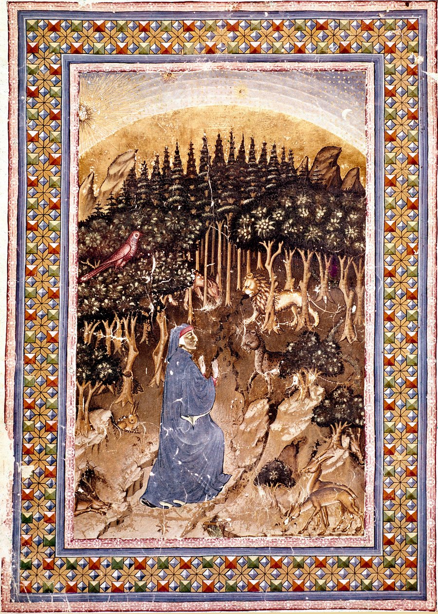 Şair Dante kendini karanlık bir ormanda bulur. Cehennemin ilk şarkısının ışıklı sayfası Dante Alighieri