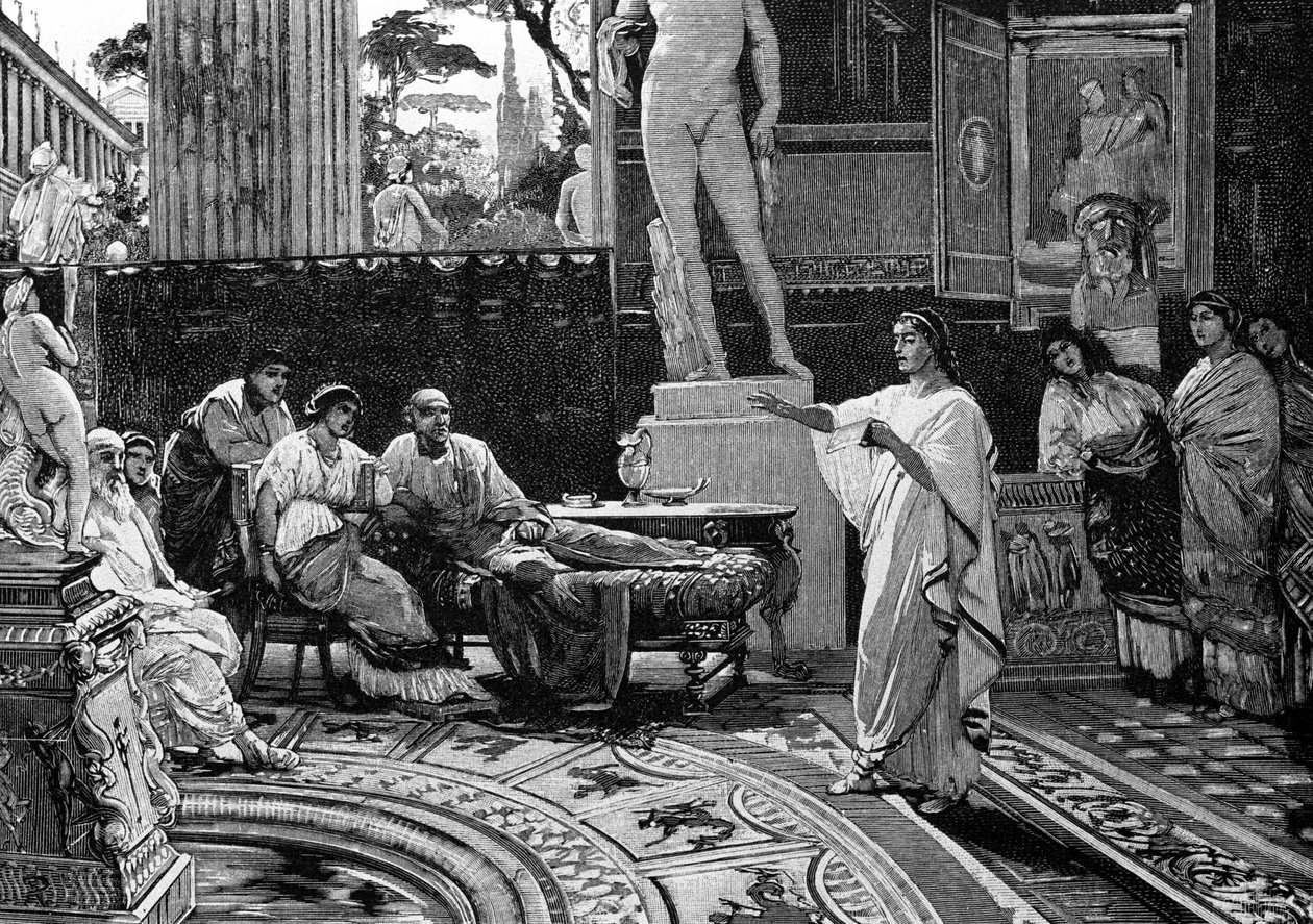 Şair Virgil (MÖ 70 - MÖ 19), Roma şövalyesi Mechaen'e “Aeneid” adını verir. Francesco Pogliaghi'nin çizimi, “” Storia d'Italia””. 19. yüzyıl. by Italian School