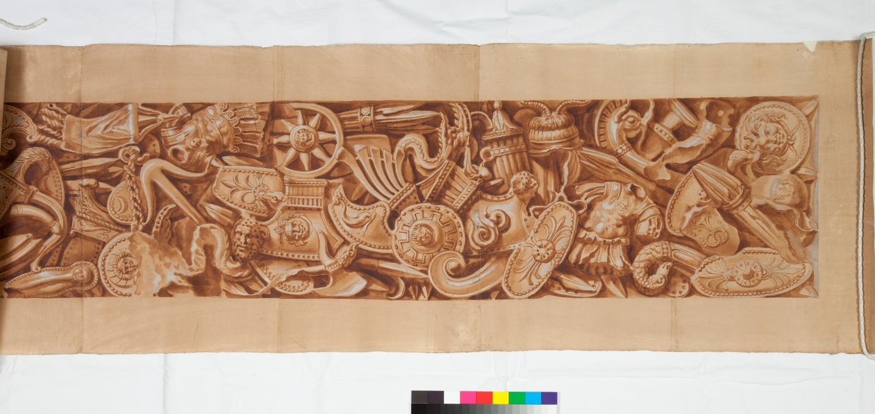 Antikadan Sonra Üç Çizim, c.1750 (siyah tebeşirle soluk işaret üzerine kahverengi astarla yükseltilmiş fırça çizimi) by Italian School
